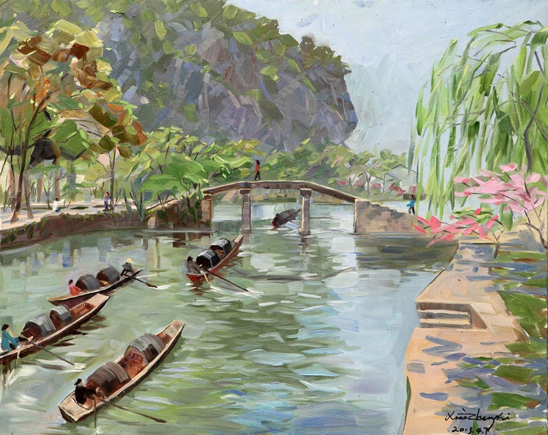 "East Lake, Shaoxing City" (80cmX100cm), April 7, 2013. Chinese Australian oil painter Li Xiaozheng's new exhibition themed "Jiangnan Charm" opened on July 7 at the Roundness Art Gallery in Beijing's Songzhuang, the largest art zone in both China and the world. The exhibition features 28 artworks created by Li during his 34-day fieldtrip, between March and April of this year, to Jiangnan. (China.org.cn/Zhang Junmian)