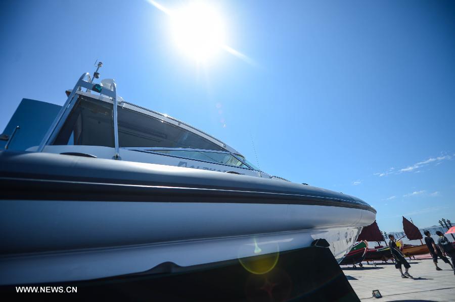 Photo taken on July 11, 2013 shows a boat presented in the 2013 China (Zhoushan archipelago) International Boat Show in the Putuo District of Zhoushan City, east China's Zhejiang Province. The show kicked off on Thursday. (Xinhua/Xu Yu)