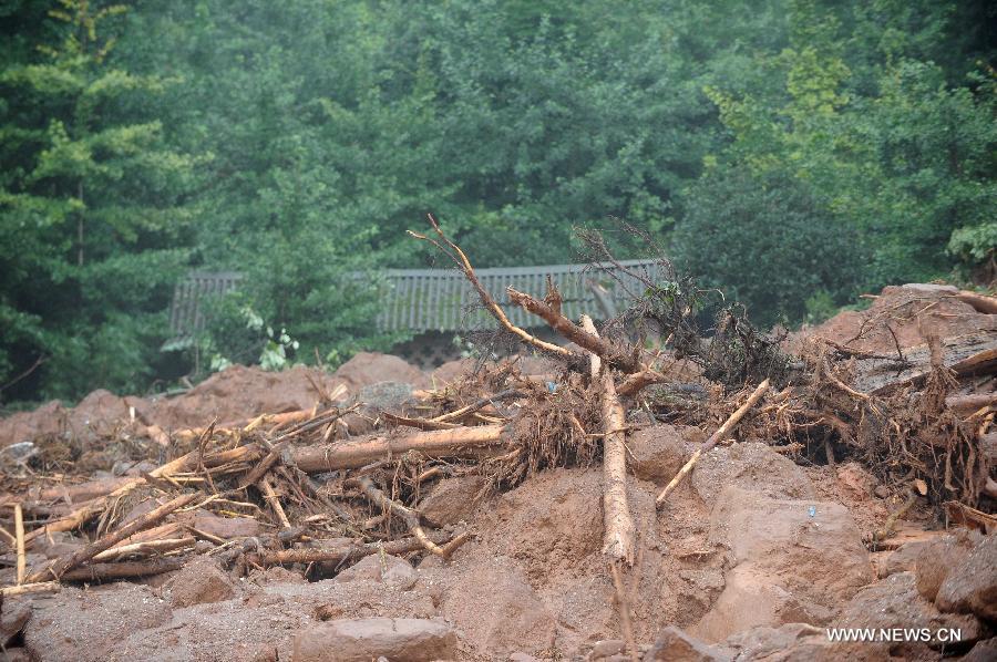 Photo taken on July 11, 2013 shows ruins after a mudslide at the Sanxi Village, in Dujiangyan City, southwest China's Sichuan Province. As of 2:10 p.m. Thursday, rescuers had found 18 bodies from the landslide that happened on Wednesday morning in the village of Sanxi. (Xinhua/Xue Yubin)