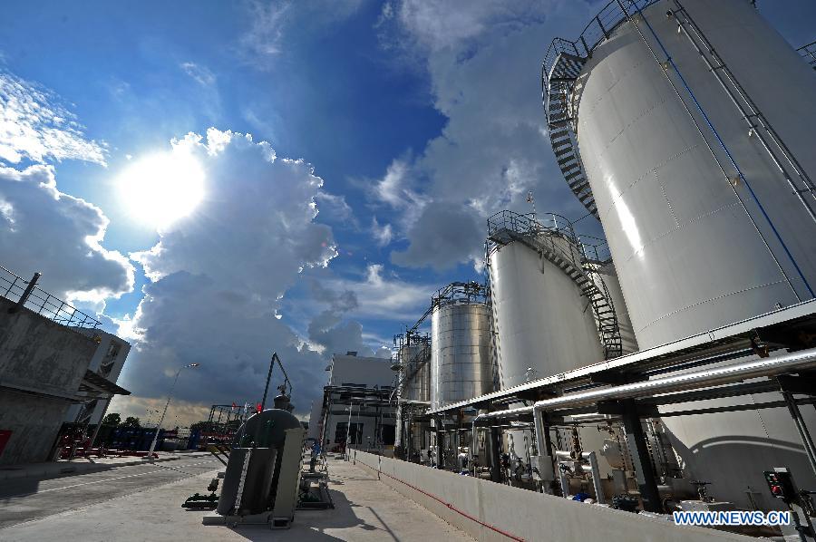 Photo taken on July 11, 2013 shows the Sinopec Lubricant (Singapore) Pte Ltd at Tuas in the south western tip of Singapore. China Petroleum and Chemical Corporation (Sinopec), China's largest integrated energy and chemical group, celebrated here on Thursday the opening of its first lubricant plant outside China. The Sinopec Lubricant (Singapore) Pte Ltd, located at Tuas in the south western tip of Singapore, covers an area of 242,811 square meters. (Xinhua/Then Chih Wey)