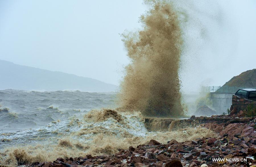 Strong wind caused by Typhoon Soulik whips up huge waves on the seashore of Sansha Town in Xiapu County, southeast China's Fujian Province, July 13, 2013. Typhoon Soulik landed on the Huangqi Peninsula in Lianjiang County of Fujian Saturday afternoon. (Xinhua/Zhang Guojun)