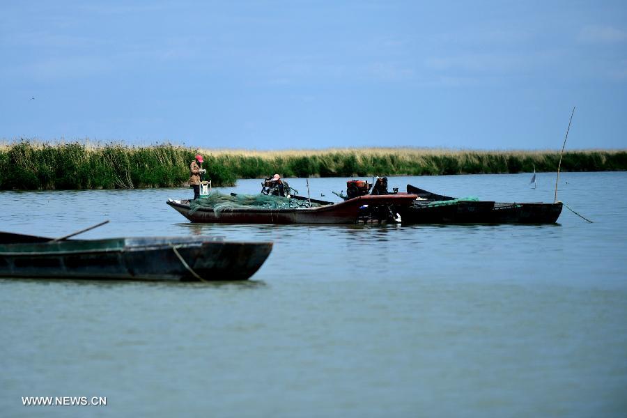 Fishermen put fishing tools in order on a boat on the Keluke Lake in the Mongolian-Tibetan Autonomous Prefecture of Haixi, northwest China's Qinghai Province, July 13, 2013. The annual output of aquaculture of the Keluke Lake has reached 200 tons so far, with the production value exceeding 4 million yuan (651,600 U.S. dollars). (Xinhua/Wang Bo)