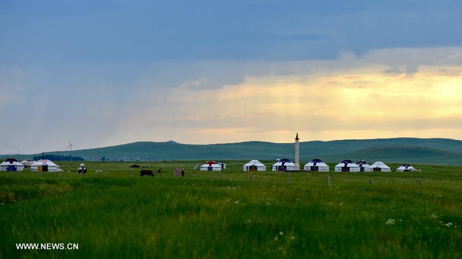 Photo taken on July 12, 2013 shows the view of local pasture in West Ujimqin Banner, north China's Inner Mongolia Autonomous Region. The pasture is part of the Xilingol, China's best preserved grassland which covers an area of 202,580 square kilometers. (Xinhua/Ren Junchuan) 