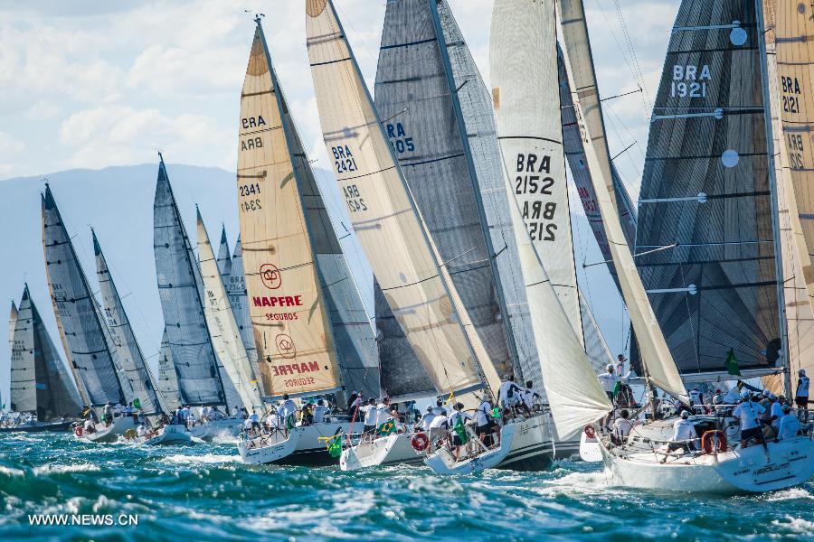 Players of the ORC class compete on the last day of the South American Championship at the Rolex Ilhabela Sailing Week 2013 in Ilhabela, Brazil, on July 13, 2013. (Xinhua/Marcos Mendez)