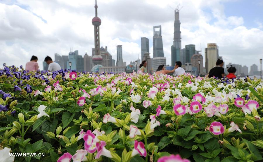 Visitors enjoy themselves at the Bund in east China's Shanghai Municipality, July 13, 2013. The Air Quality Index released by Shanghai Environmental Monitoring Center Saturday morning was 42, a level suitable for outdoor activities, which attracted many people to go outside and enjoy themselves. (Xinhua/Lai Xinlin)