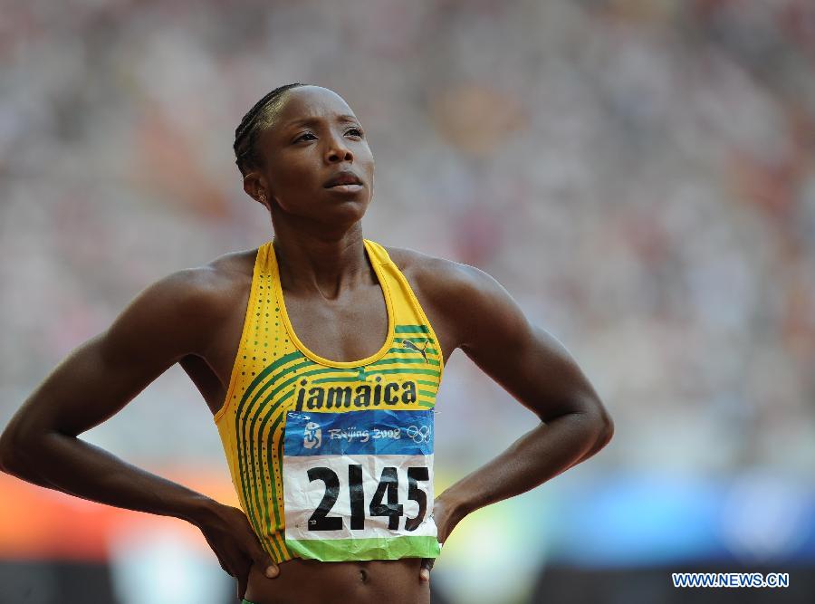 File photo of Sherone Simpson of Jamaica. Track and field was dealt with a huge blow Sunday when the world's top sprinters failed drug tests. They are former world record holder Jamaican Asafa Powell, American champion Tyson Gay and Olympic medalist Sherone Simpson. (Xinhua File Photos)