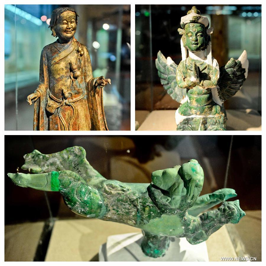 Combination photo taken on July 16, 2013 shows exhibits at a public exhibition presenting elaborate antiques of the Xixia Kingdom at the Heilongjiang Provincial Museum in Harbin, capital of northeast China's Heilongjiang Province. Xixia (1032-1227), or Western Xia, was a feudal kingdom established by the Tangut ethnic group at the eastern end of the ancient Silk Road. Its territory largely overlapped today's Ningxia Hui Autonomous Region in northwest China. (Xinhua/Wang Song) 