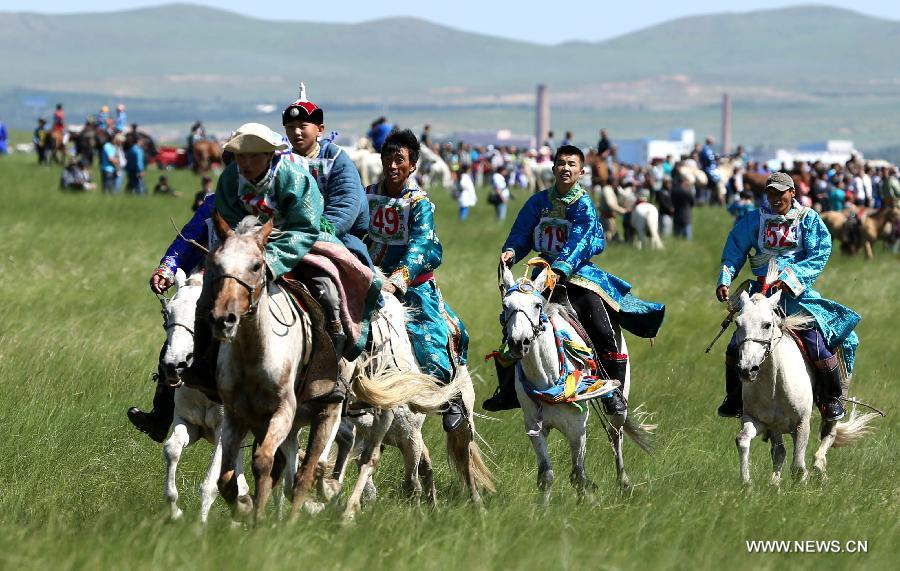 Herdsmen are seen in a horse race at the White Horse Festival in the West Ujimqin Banner of north China's Inner Mongolia Autonomous Region, July 16, 2013. With rodeos and races, the White Horse Festival will last two days .(Xinhua/Ren Junchuan) 