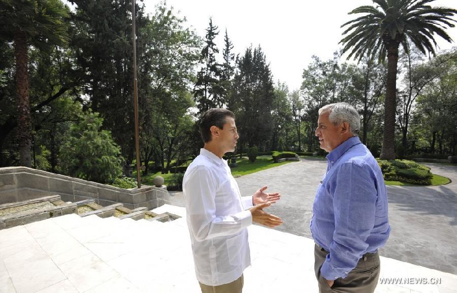 Image provided by Mexico's Presidency of Mexican President Enrique Pena Nieto (L) meeting with his counterpart of Guatemala Otto Perez Molina at the Official Residence of Los Pinos, in Mexico City, capital of Mexico, on July 17, 2013. Otto Perez Molina visits Mexico to discuss issues of security and energy as well as the fight against hunger, according to the local press. (Xinhua/Mexico's Presidency) 