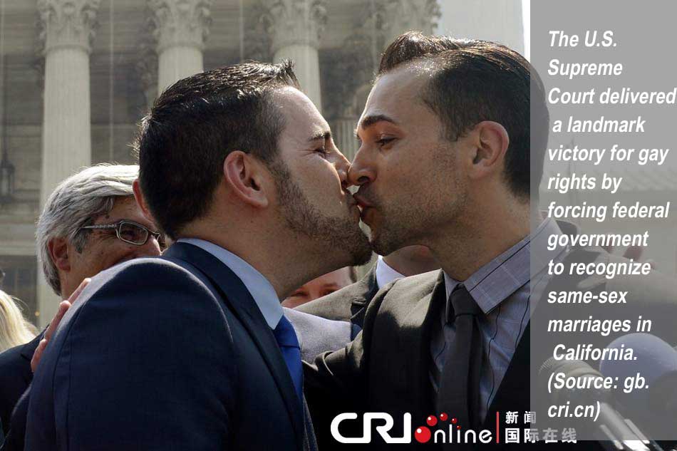 U.S.Supreme Court delivers wins for gay marriage movement(Source:Xinhuanet.com)