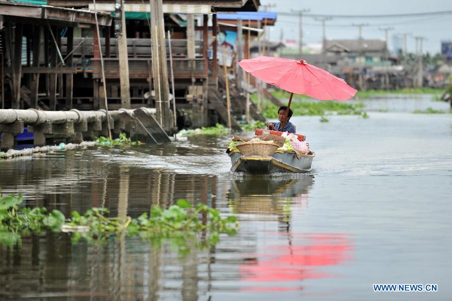 A vender sells fruits on a boat on a tributary of the Chao Phraya river, Thailand, July 16, 2013. The Chao Phraya river is a major river in Thailand. It flows through Bangkok and then into the Gulf of Thailand. (Xinhua/Gao Jianjun)