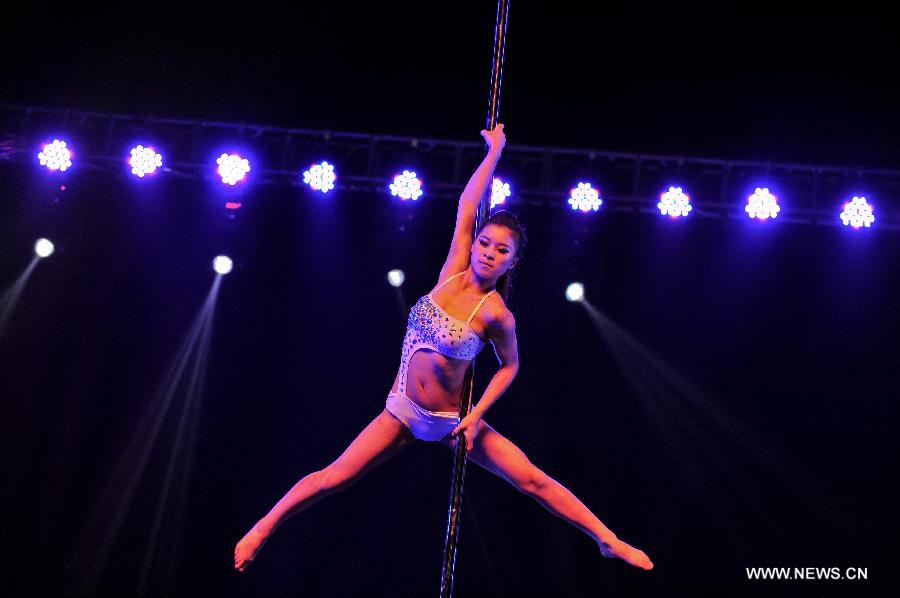 A dancer competes during the game of the 3rd China Pole Dance Championship in Tianjin, China, July 18, 2013. (Xinhua/Zhai Jianlan)