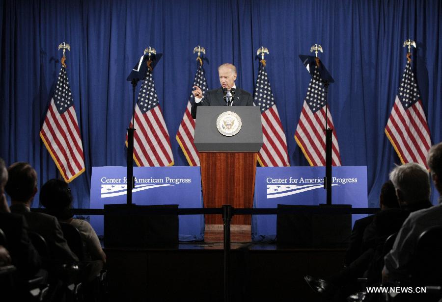 U.S. Vice President Biden makes remarks on U.S. policy toward the Asia-Pacific region at an event hosted by the Center for American Progress in Washington D.C. on July 18, 2013. (Xinhua/Fang Zhe)