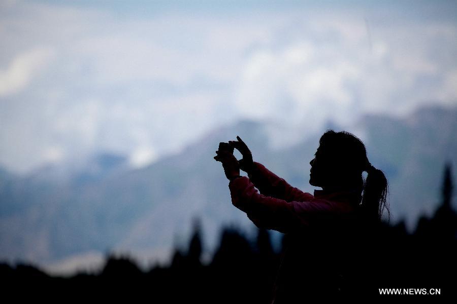 A tourist takes photos at Qilian Mountain, northwest China's Qinghai Province, July 16, 2013. The tourist attraction witnessed a travel peak in July with its snow mountains and blossoming rape flowers. (Xinhua/Yang Shoude)