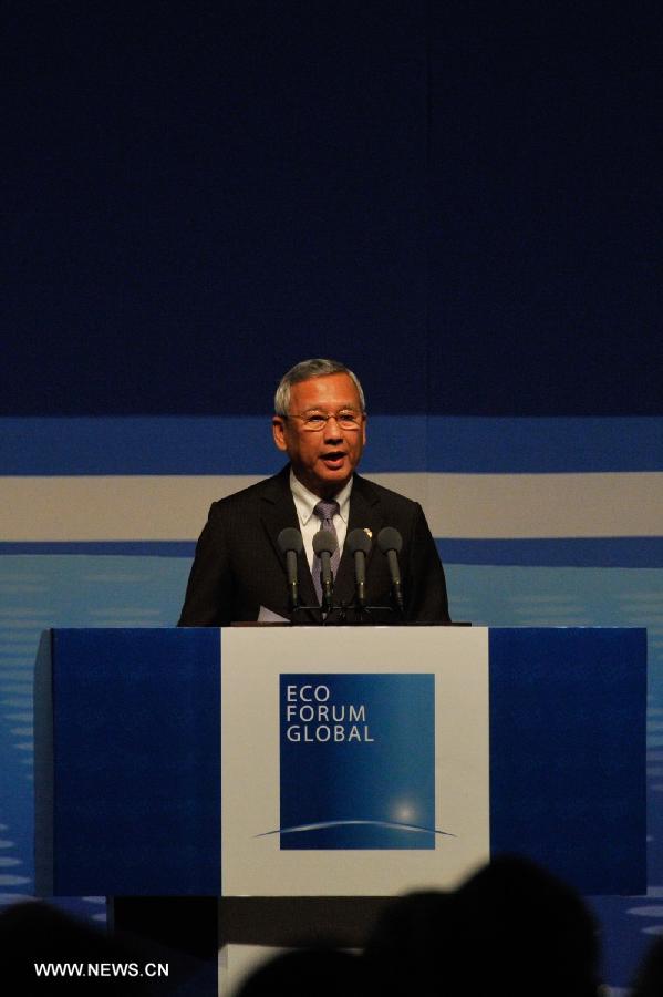 Thai Deputy Prime Minister Nivatthamrong Boonsongpaisal addresses the opening ceremony of the Eco Forum Global Annual Conference Guiyang 2013 in Guiyang, capital of southwest China's Guizhou Province, July 20, 2013. Over 2,000 participants from home and abroad attended the conference themed on "Building Eco-Civilization: Green Transformation and Transition". (Xinhua/Ou Dongqu) 