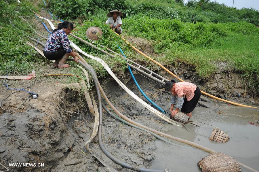 Villagers take underground water from a dried lake in the Jingzi Town of Shuangfeng County, central China's Hunan Province, July 20, 2013. The drought has left about 283,000 people short of water in Hunan following days of heat, affecting 3.376 million mu (about 225,066 hectares) of croplands. (Xinhua/Nai Jihui)  