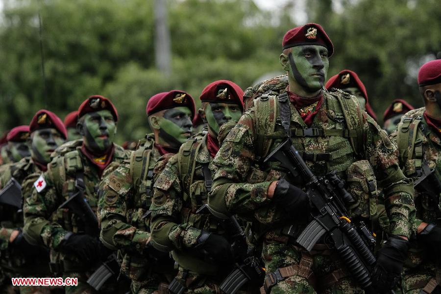 Elements of Colombia's Military Forces participate in the military parade in the framework of the Colombia's Independence Day commemoration, in Bogota, Colombia, on July 20, 2013. The commemoration of the 203rd anniversary of Colombia's Independence includes a homage to the Colombian Army veterans. (Xinhua/Jhon Paz)