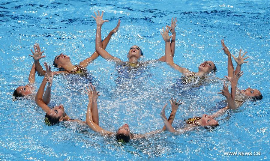 Team Spain competes in the Team Technical Finals of the Synchronised Swimming competition in the 15th FINA World Championships at Palau Sant Jordi in Barcelona, Spain, on July 22, 2013. Team Spain took the silver with a total score of 94.400 points. (Xinhua/Wang Lili)