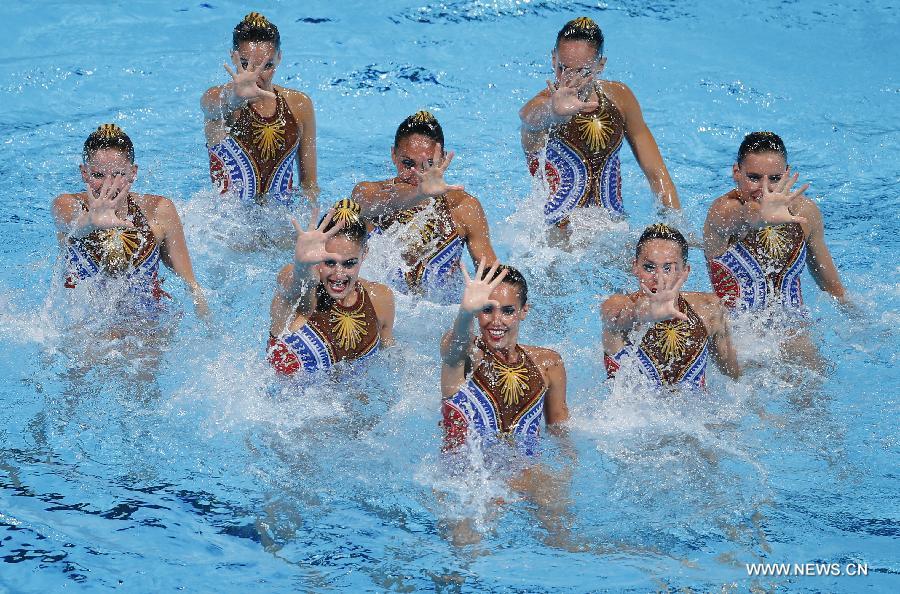 Team Spain competes in the Team Technical Finals of the Synchronised Swimming competition in the 15th FINA World Championships at Palau Sant Jordi in Barcelona, Spain, on July 22, 2013. Team Spain took the silver with a total score of 94.400 points. (Xinhua/Wang Lili)