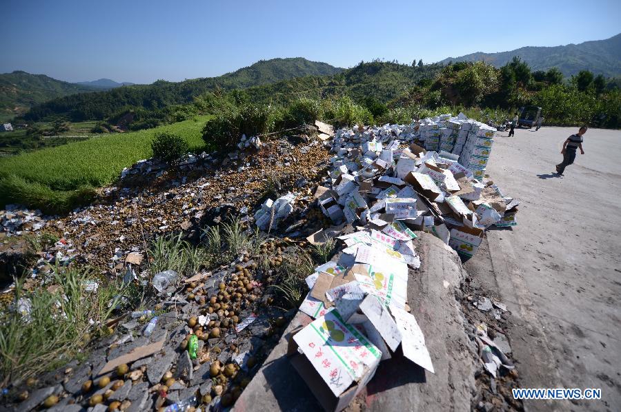 Photo taken on July 24, 2013 shows the accident site where a vehicle overturned on a provincial highway in Nanfeng County, east China's Jiangxi Province. The accident that occurred late Tuesday has left 16 people dead and 10 others injured, local authorities said early Wednesday. Fifteen people were killed on the spot, and one died after medical treatment failed. Ten people were treated in local hospitals. (Xinhua/Zhou Mi)