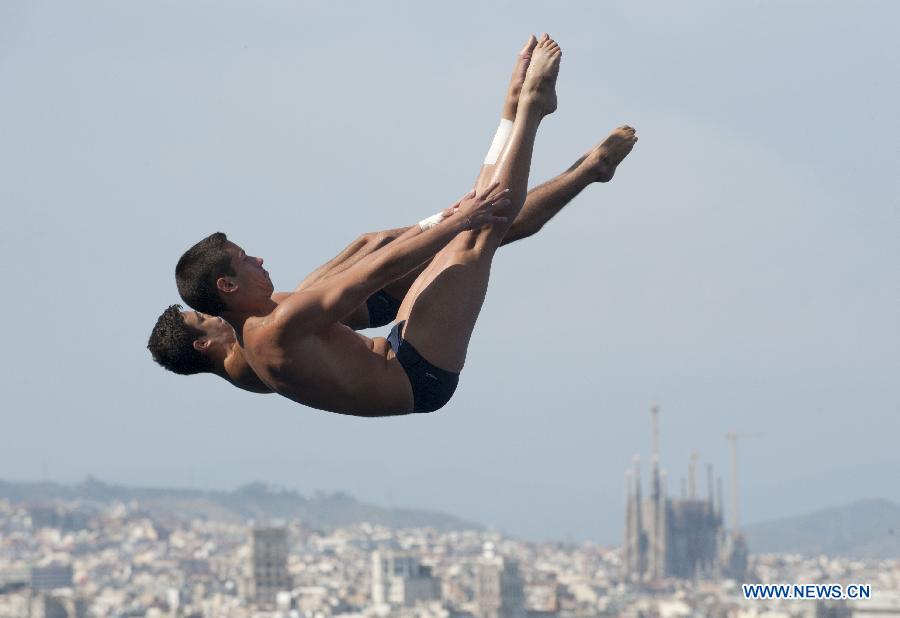 Andreas Billi and Giovanni Tocci of Italy compete during the men's 3m synchro springboard final of the diving competition at the 15th FINA World Championships in Barcelona, Spain, on July 23, 2013. Andreas Billi and Giovanni Tocci took the 12th place with a total score of 362.88 points. (Xinhua/Xie Haining)