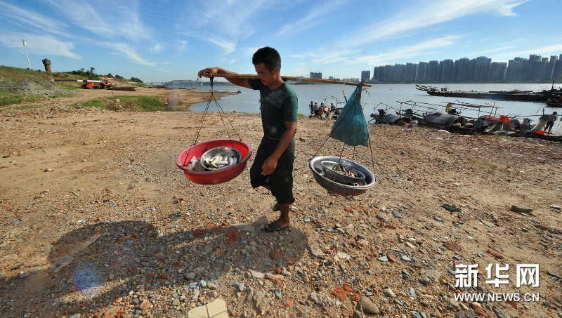 Yi Guojun balances a shoulder pole carrying fishes caught in early morning to a market. (Photo by Long Hongtao/ Xinhua)