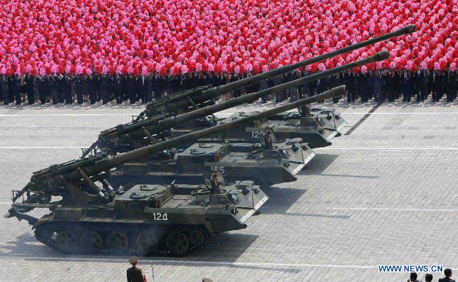 Photo taken on July 27, 2013 shows a military parade held in Pyongyang, the Democratic People's Republic of Korea (DPRK). DPRK held a military parade marking the 60th anniversary of the Korean War Armistice Agreement here on Saturday, the official KCNA news agency reported. (Xinhua/Zhang Li) 