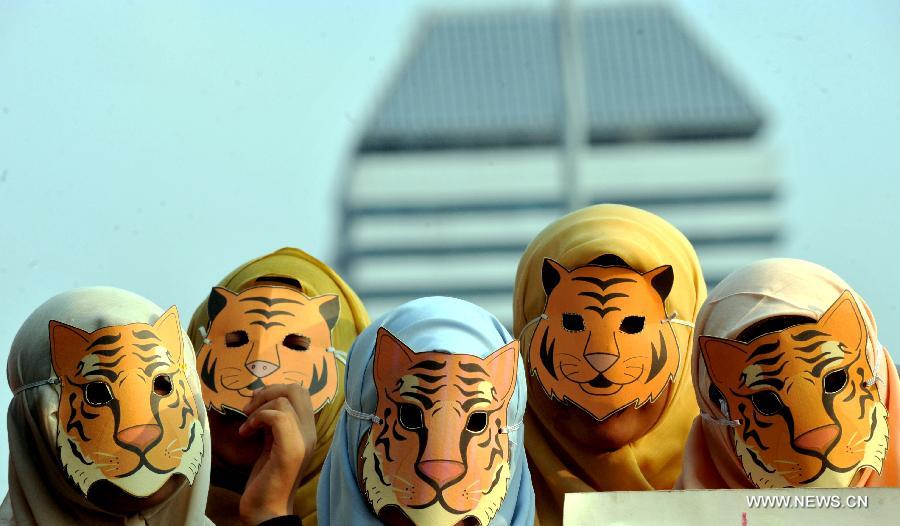 Volunteers attend an activity marking the Global Tiger Day 2013 in Jakarta, Indonesia, July 29, 2013. The Global Tiger Day aims to promote the protection of the habitat of Sumatran tigers and increase awareness of tiger conservation in Indonesia. (Xinhua/Agung Kuncahya B.)