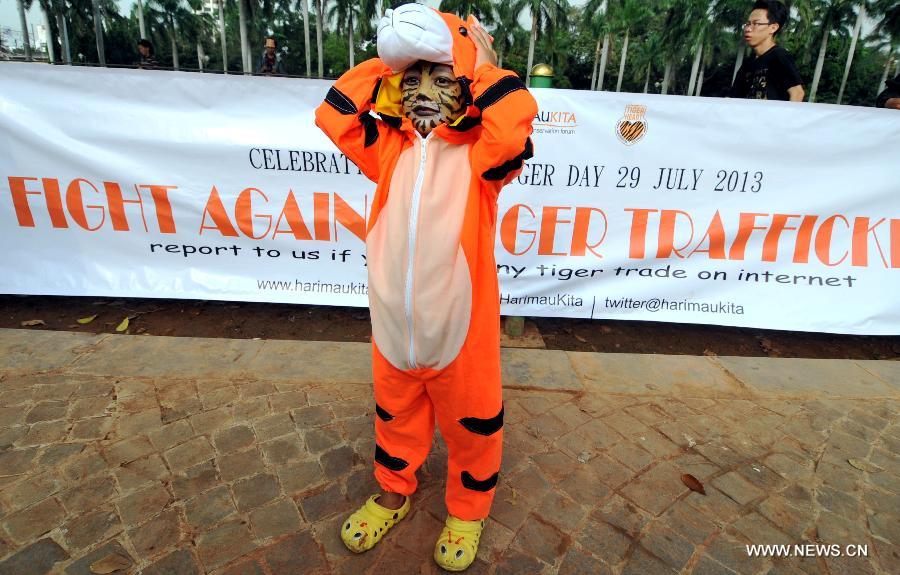 A child wearing tiger's costume attends an activity marking the Global Tiger Day 2013 in Jakarta, Indonesia, July 29, 2013. The Global Tiger Day aims to promote the protection of the habitat of Sumatran tigers and increase awareness of tiger conservation in Indonesia. (Xinhua/Agung Kuncahya B.)