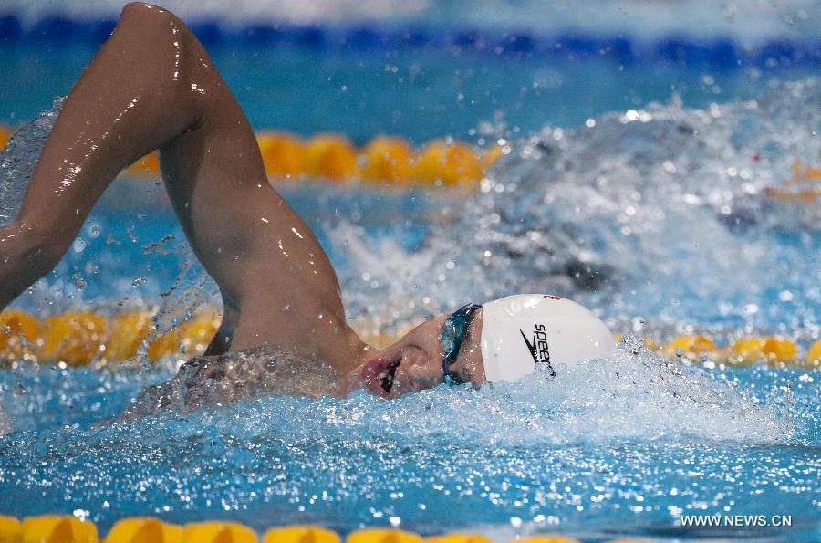 China's Sun Yang competes during the men's 800m freestyle heats of the swimming competition at the 15th FINA World Championships in Barcelona, Spain on July 30, 2013. (Xinhua/Xie Haining)