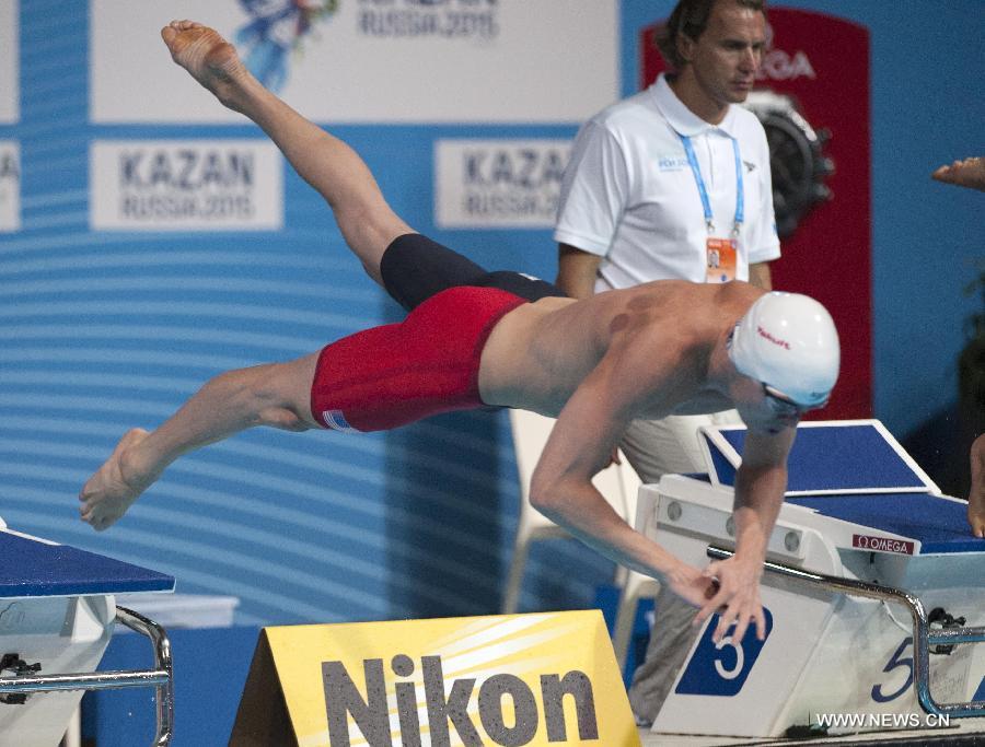 Connor Jaeger of the United States competes during the men's 800m freestyle heats of the swimming competition at the 15th FINA World Championships in Barcelona, Spain on July 30, 2013. (Xinhua/Xie Haining)