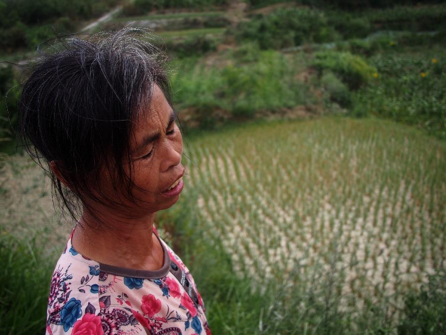 A farmer stands by a cracked farmland in Shangzhai Village of Xiuwen County, southwest China's Guizhou Province, July 31, 2013. Lingering droughts in Guizhou have affected more than 12 million people. Over 2 million people lack adequate supplies of drinking water, and a total of 847,300 hectares of farmland is damaged by the drought. (Xinhua/Liu Xu)