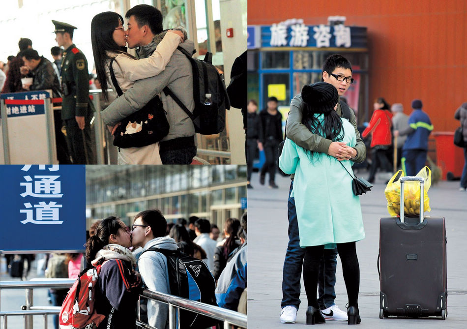 Lovebirds and young couple hug and kiss goodbye at Shanghai Railway Station at the start of the 40-day travel peak for the Spring Festival yesterday. The railway station has so far sold about 9.74 million tickets, with those bought online reaching 7.62 million, accounting for 78.5 percent. Authorities have predicted that more than 3.6 billion trips will be made nationwide. — Gao Jianping