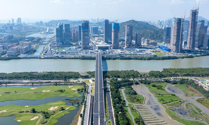 An aerial drone photo taken on Dec. 4, 2024 shows a view of the Lotus Bridge connecting south China's Macao and Hengqin of Zhuhai City in south China's Guangdong Province. (Xinhua/Cheong Kam Ka)