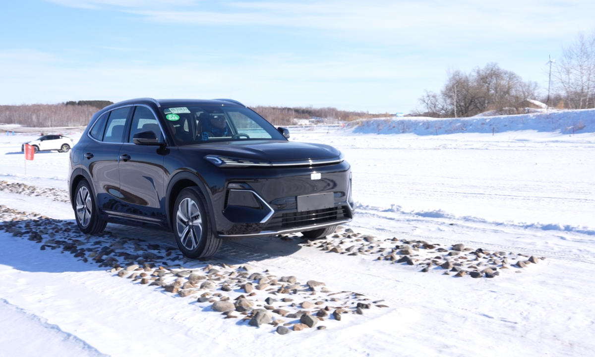 A car undergoes a cold-weather driving test at Geely's Heihe Winter Test Base on February 14, 2025. Photo: Zhang Yashu/GT