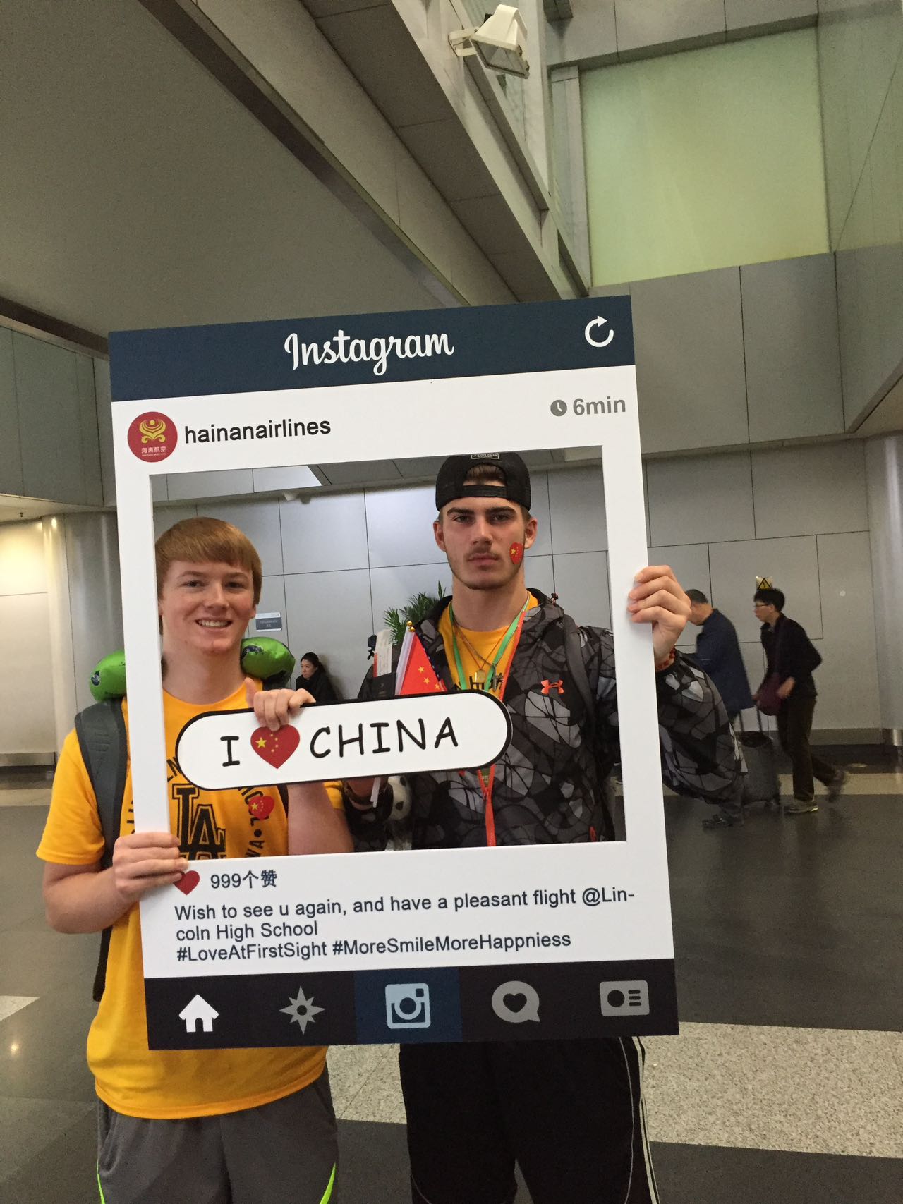 Rigel Bruce Adams (left) poses at an airport before leaving during his trip to China in 2016, as a member of the Lincoln High School delegation. Photo: Courtesy of Adams