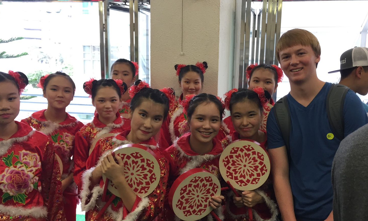 A group photo of Rigel Bruce Adams (right) and some young Chinese performers taken in China in October 2016. Photo: Courtesy of Adams