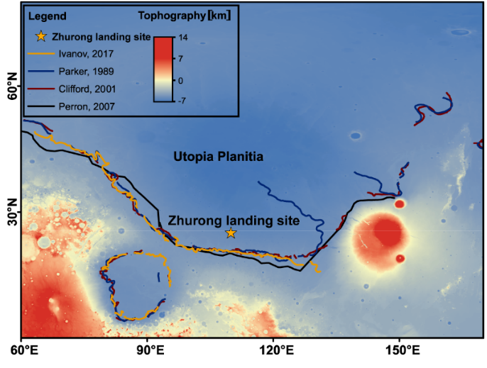 Photo: Map of Utopia Planitia, Zhurong Mars rover landing site, and four possible ancient shorelines. Photo: Courtesy of the Aerospace Information Research Institute of Chinese Academy of Sciences