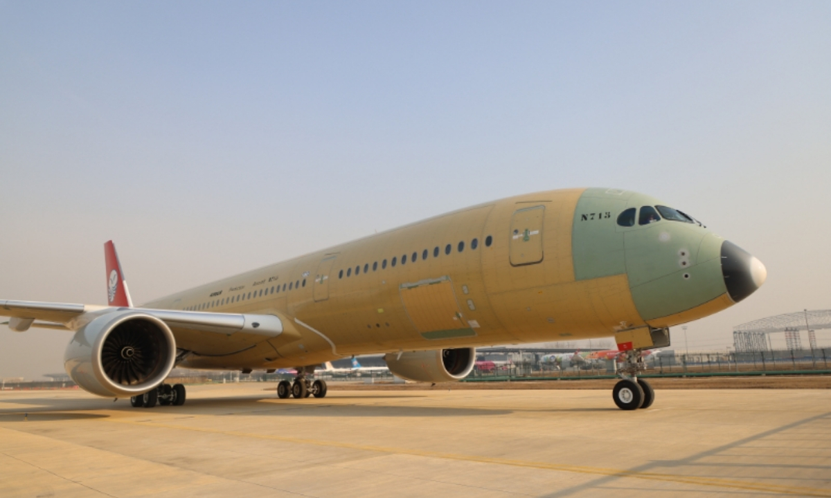 An Airbus A350 aircraft without livery is pictured in north China's Tianjin Municipality, Feb. 11, 2025. (Xinhua)