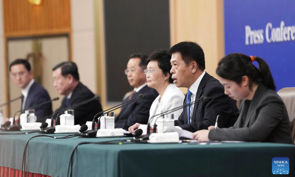 China's Minister of Civil Affairs Lu Zhiyuan, Minister of Human Resources and Social Security Wang Xiaoping, Minister of Housing and Urban-Rural Development Ni Hong, and head of the National Health Commission Lei Haichao attend a press conference on people's livelihood for the third session of the 14th National People's Congress (NPC) in Beijing, capital of China, March 9, 2025. (Xinhua/Chen Yehua)