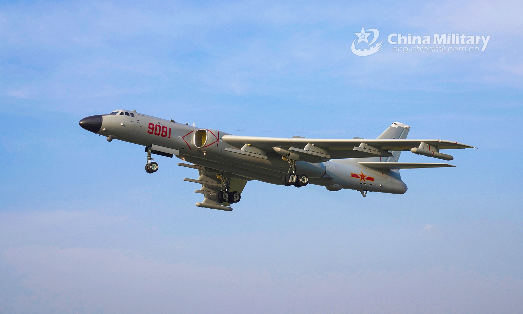 A H-6 strategic bomber attached to a bomber regiment of the naval aviation force under the PLA Southern Theater Command takes off for a recent realistic flight training exercise. (eng.chinamil.com.cn/Photo by Gao Hongwei)