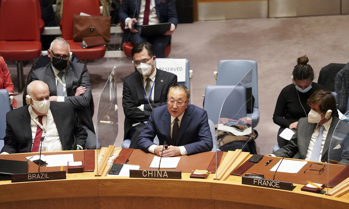 Permanent Representative of China to the United Nations Zhang Jun (center) makes an address at an emergency meeting of the UN Security Council to tackle the situation in Ukraine on February 21, 2022. Photo: Xinhua