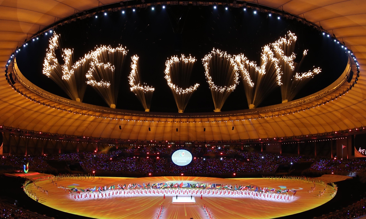 Picture shows a splendid fireworks display in the countdown segment themed on the sun and immortal birds from Chinese mythology before the opening ceremony of the 31st FISU Summer World University Games in Chengdu, Southwest China's Sichuan Province, on July 28, 2023. Photo: Xinhua