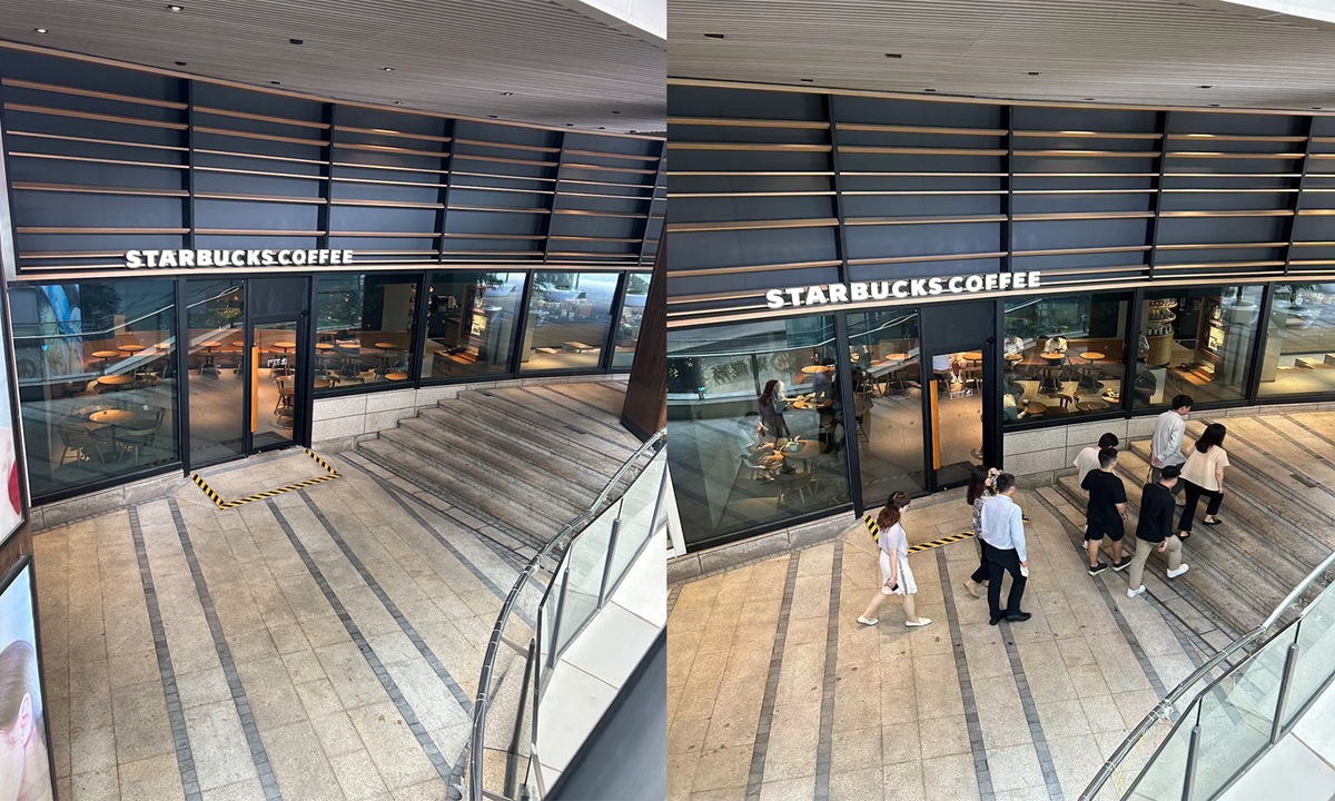 Left: Picture of an empty Starbucks store from Yon's post.Right: People walking by the Starbucks near Shanghai World Financial Center on Monday. Photo: GT staff reporter