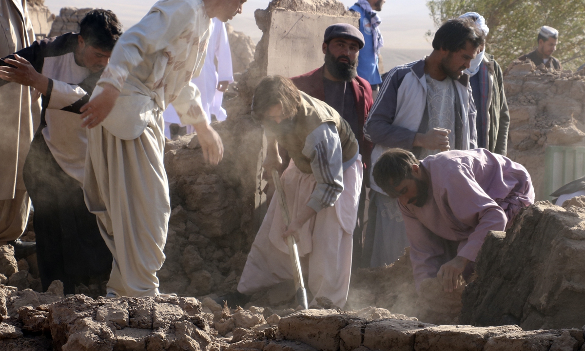 Afghan residents clear debris from a damaged house after an earthquake occurred in Herat province in western Afghanistan on October 8, 2023. The quake has killed more than 2,000, according to official update. Photo: Xinhua