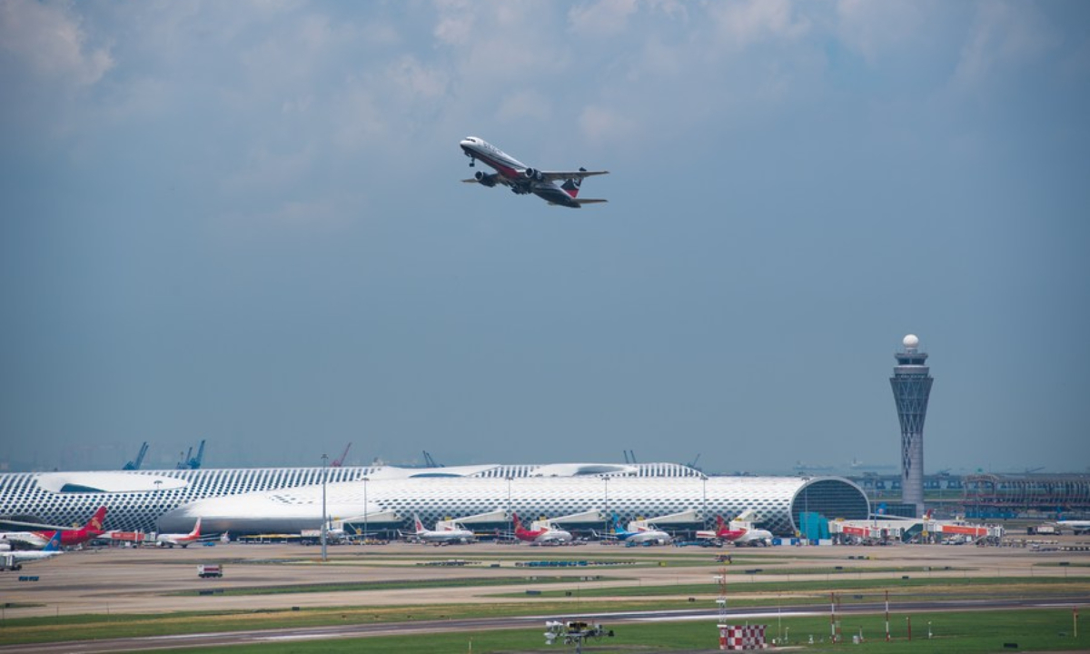 A plane of SF Airlines Co., Ltd. takes off at Bao'an International Airport in Shenzhen, south China's Guangdong Province, Sep 10, 2020. Photo:Xinhua