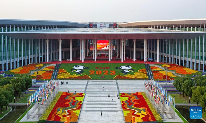 This photo taken on Nov. 3, 2023 shows the south square of the National Exhibition and Convention Center (Shanghai), the main venue for the 6th China International Import Expo (CIIE), in east China's Shanghai. The 6th CIIE is scheduled to be held in Shanghai from Nov. 5 to 10. The expo showcases China's new development paradigm, a platform for high-standard opening up, and a public good for the whole world.  (Photo: Xinhua)