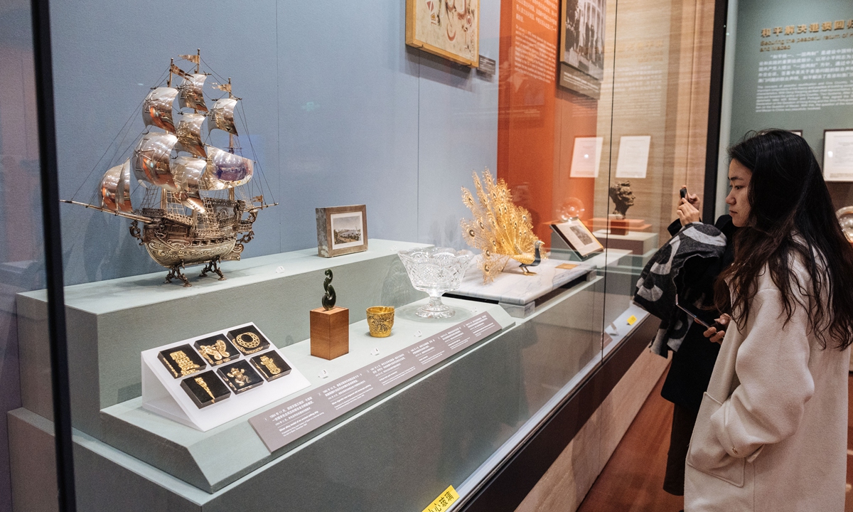 A visitor checks exhibits in the Central Gifts and Cultural Relics Management Center in Beijing on November 22, 2023. Photo: Li Hao/GT