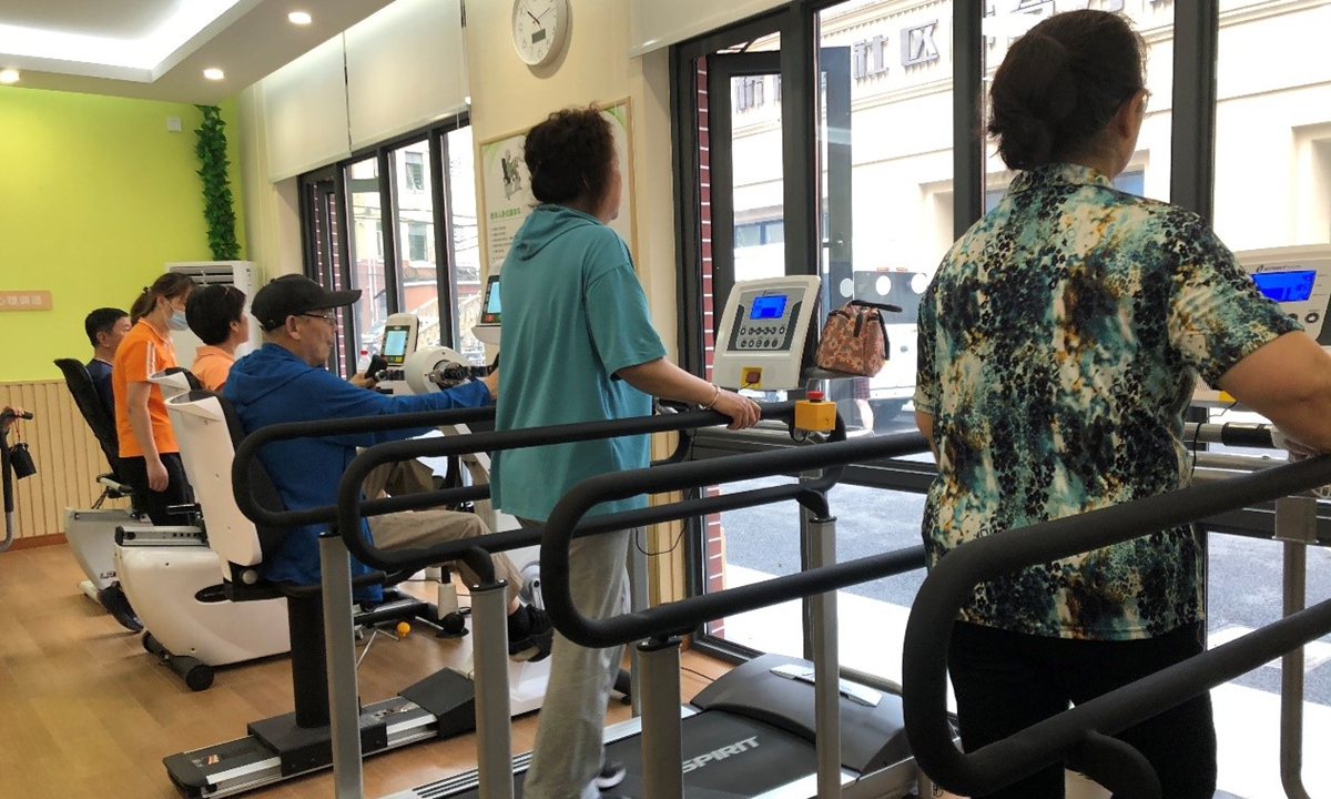 Senior citizens exercise in a fitness club for elder residents only, in Hongqiao subdistrict, Changning, Shanghai. Photo: Chen Shasha/GT