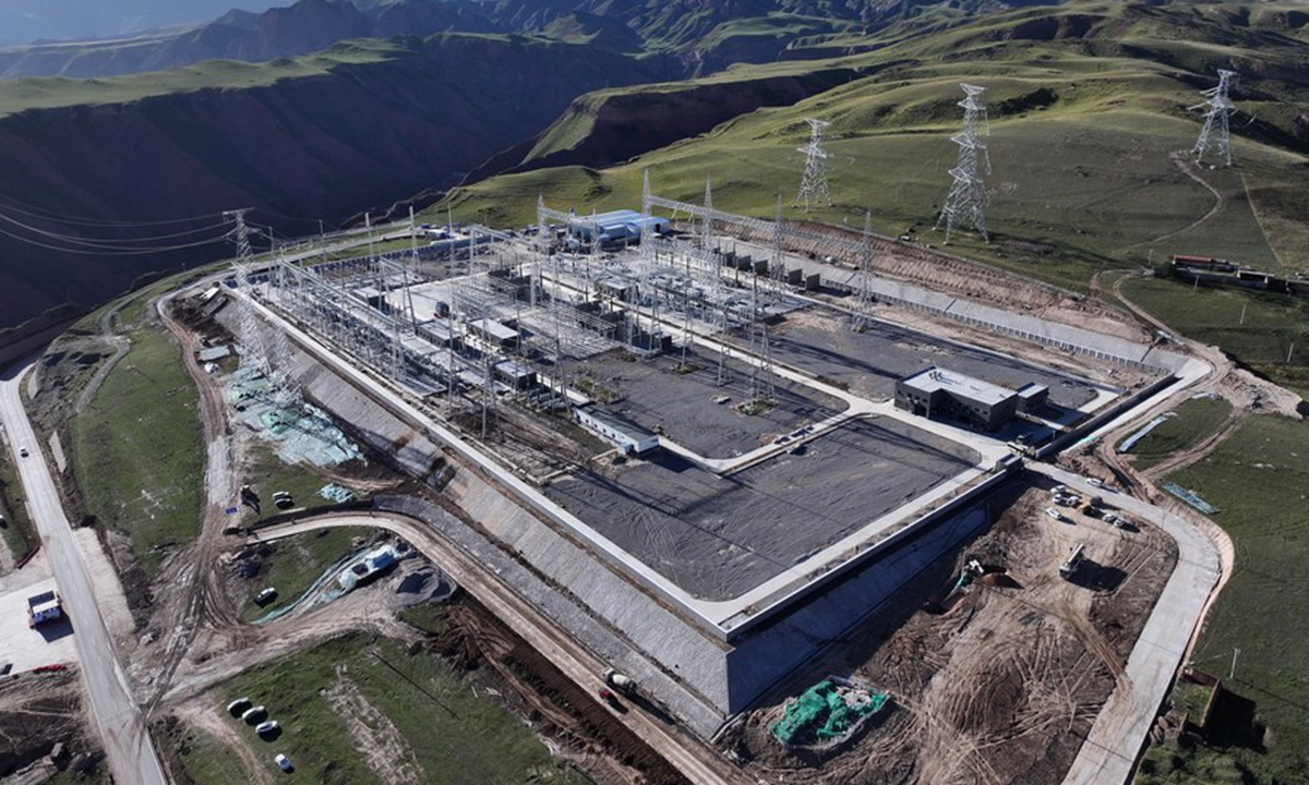 This aerial photo taken on Sept. 14, 2023 shows a 750-kV ultra-high voltage substation equipped with a counter-unmanned aircraft system in the Hainan Tibetan Autonomous Prefecture, northwest China's Qinghai Province. (CHN Energy Qinghai Maerdang Hydropower Station/Handout via Xinhua)